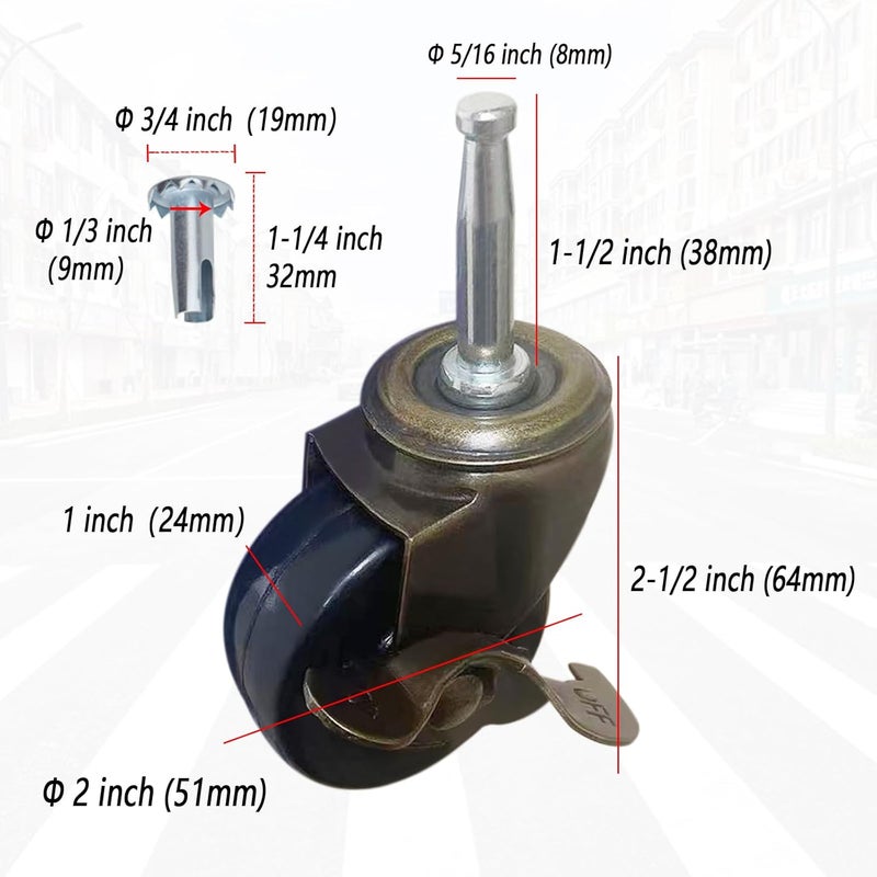 BAISASY 2.0 Inch Antique Caster Wheels, Furniture Wheels 5/16 Inch x 1-1/2 Inch (8 x 38mm) Stem Caster for Furniture Sofa Chair Cabinet Set of 4 - Image 2